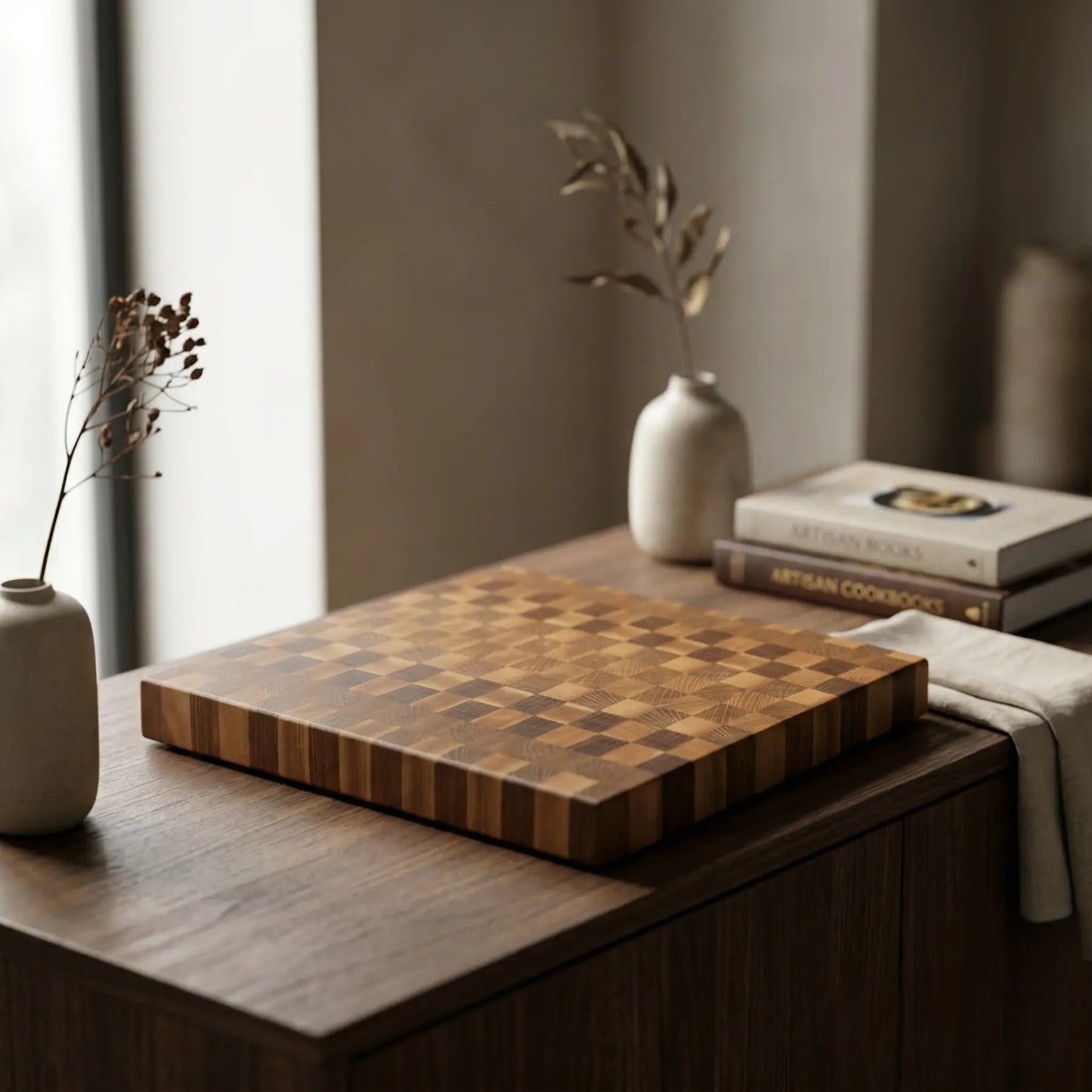End grain wood butcher block 11.4x9.8 inch close up showing the rich contrasting colors and smooth oiled finish.