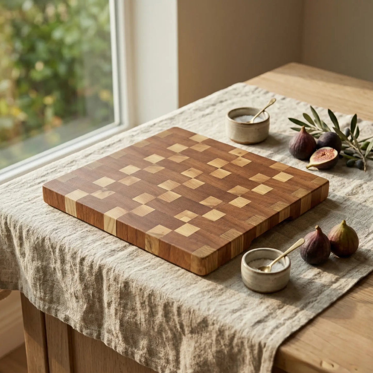 End grain wood butcher block 13.2x12.2 inch close up showing the rich contrasting colors and smooth oiled finish.