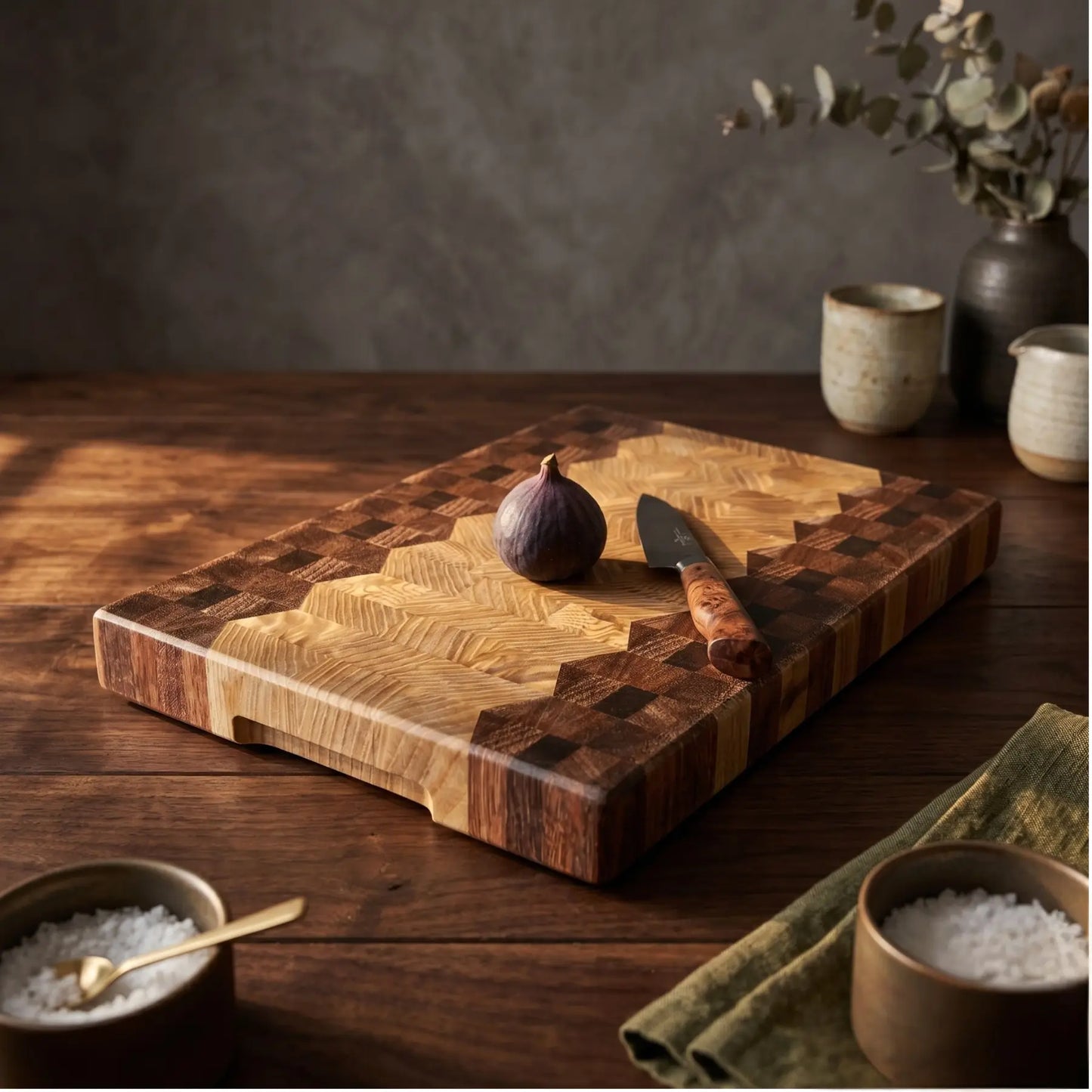 Premium wood carving board 15.7x11.8 inch close up showing the dark chocolate brown wood and smooth finish.