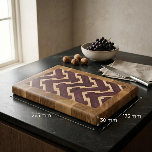 Small purpleheart end-grain cutting board side profile showing 30mm thickness