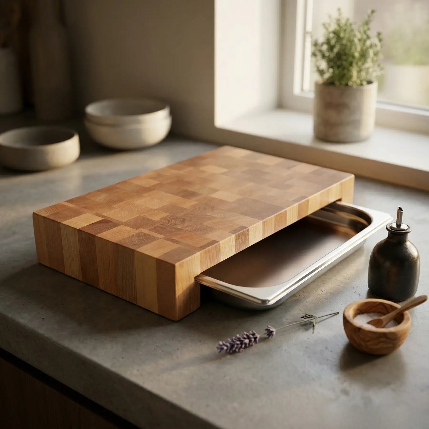 Butcher block with steel tray handmade in Polish workshop, MNCWOOD craft