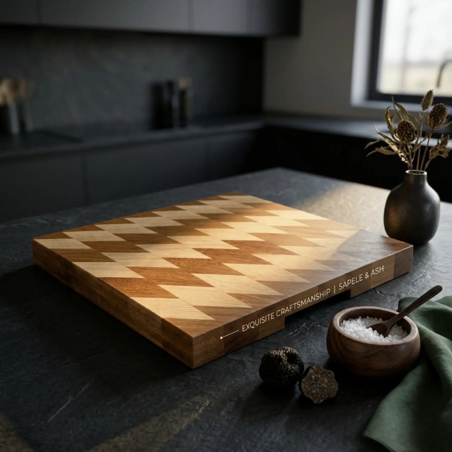 Face grain sapele wood chopping block 14.5x13.7 inch close up showing the rich reddish brown color and smooth finish.