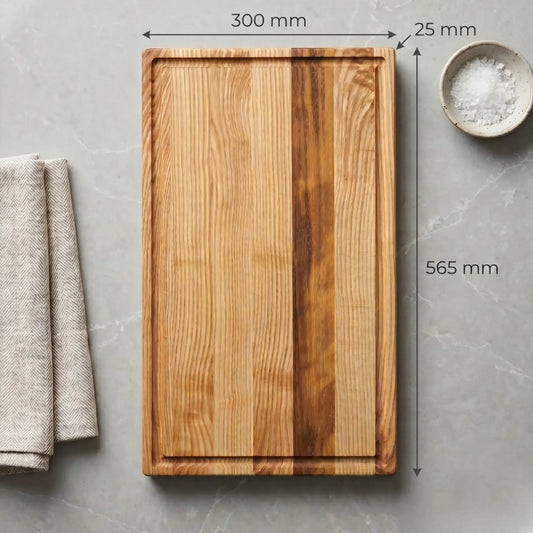 XL cutting board side profile showing 25mm thickness and juice groove