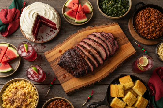 A Juneteenth celebration spread featuring Texas-style brisket on a MnCwood live-edge board, paired with red velvet cake, watermelon, and classic soul food sides.