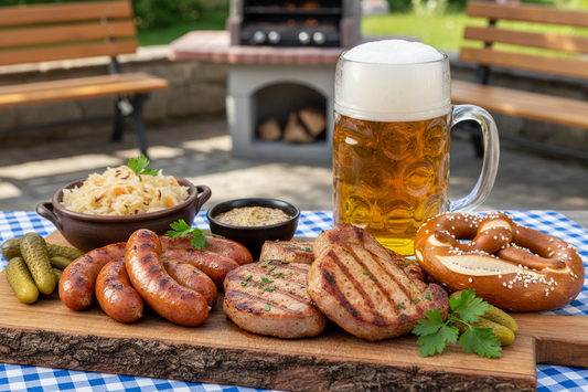 Traditional German Father's Day BBQ on a rustic wooden board: grilled sausages, pork steaks, sauerkraut, and a pretzel paired with a cold Maß of beer.