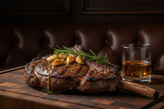 Premium Tomahawk steak and a glass of bourbon on a handcrafted MnCwood butcher block, styled for a luxury Father's Day steakhouse experience at home.