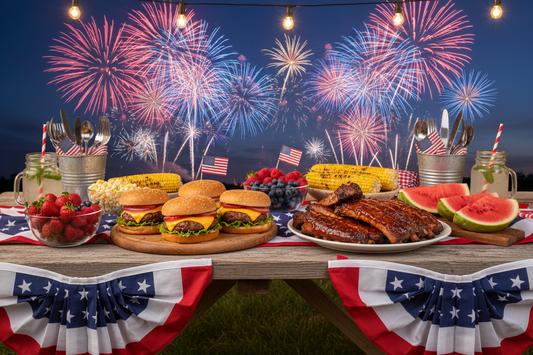 An epic 4th of July BBQ spread on MnCwood serving boards, featuring burgers, ribs, and summer fruit with a festive background of fireworks and American flags.