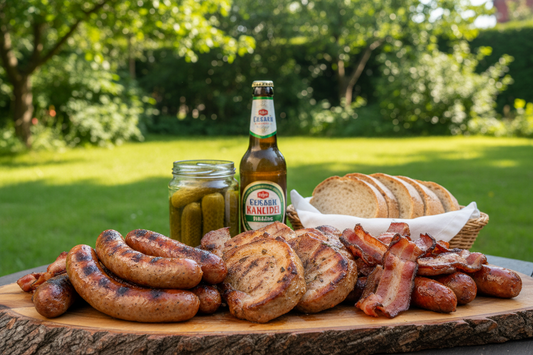 Traditional Polish grill board featuring Kiełbasa, grilled pork neck, and rye bread, paired with a cold beer in a sun-lit garden setting.