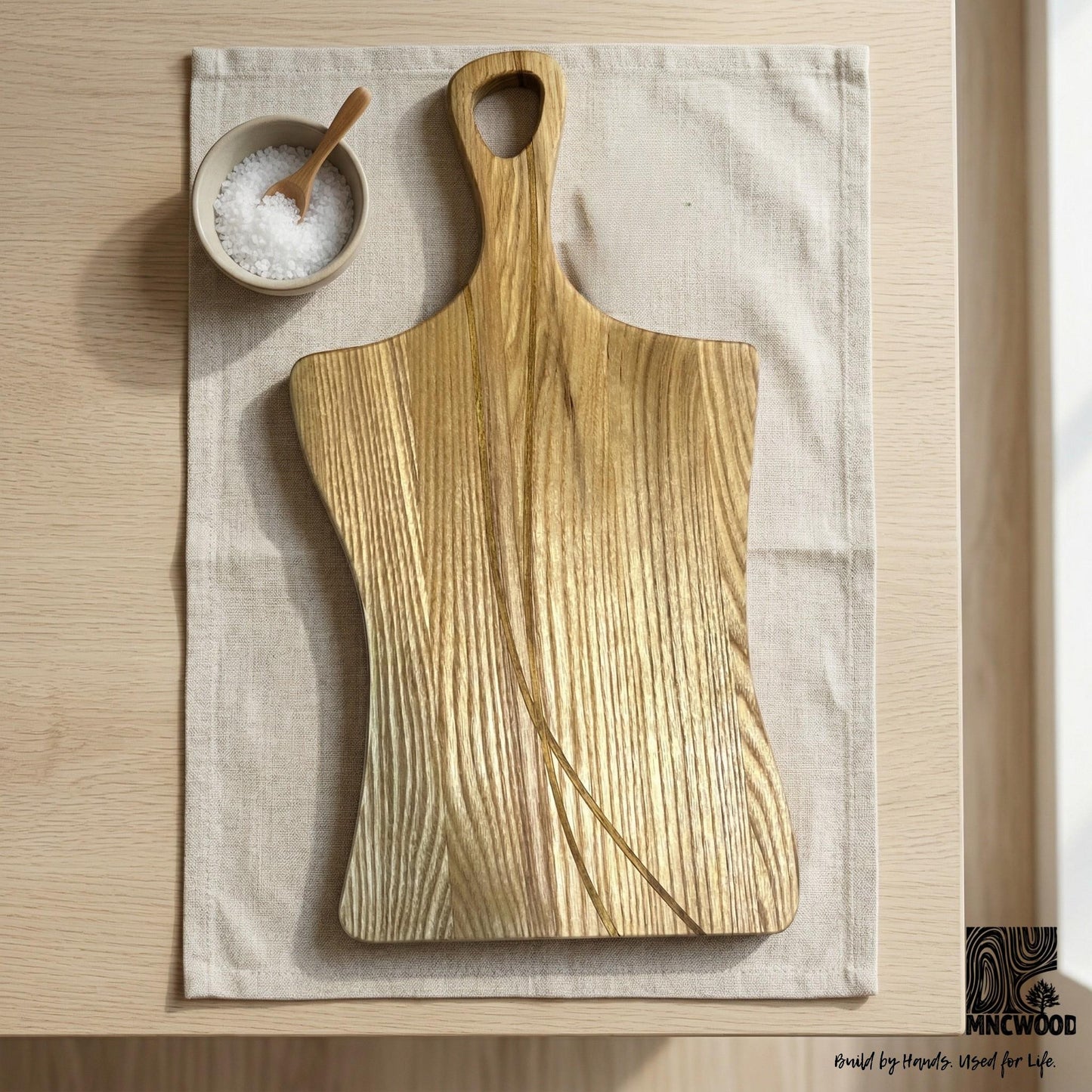 Cutting Board with Handle — Ash & Sapele Inlay | Handmade