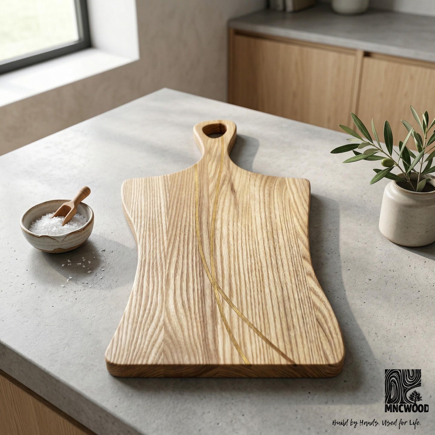 Cutting Board with Handle — Ash & Sapele Inlay | Handmade