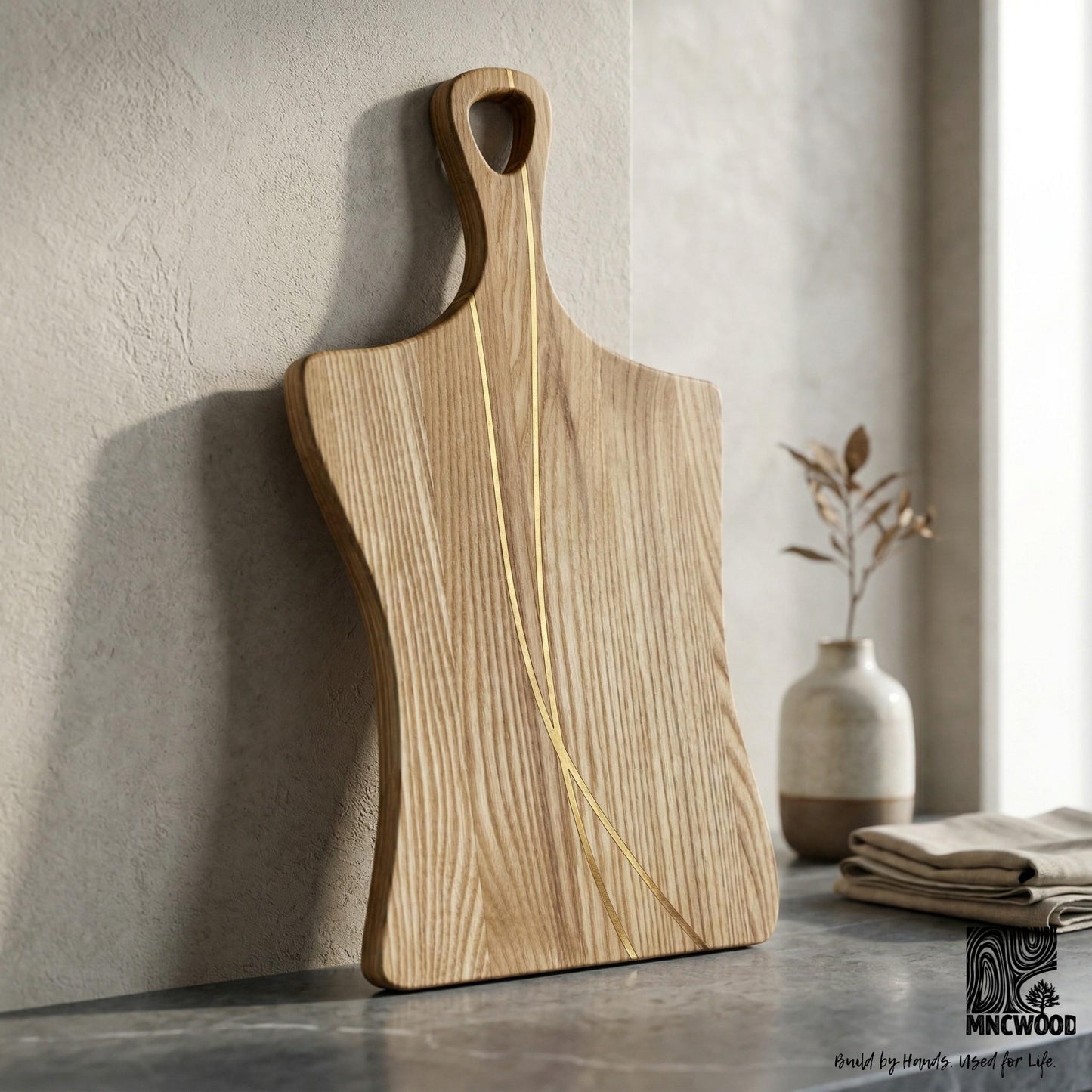 Cutting Board with Handle — Ash & Sapele Inlay | Handmade