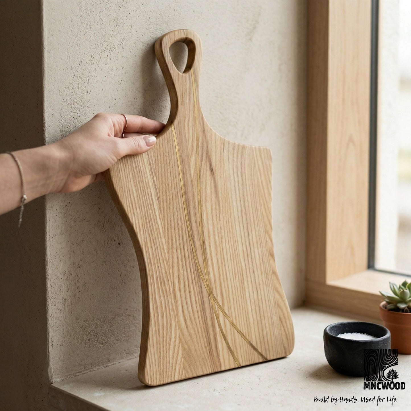 Cutting Board with Handle — Ash & Sapele Inlay | Handmade