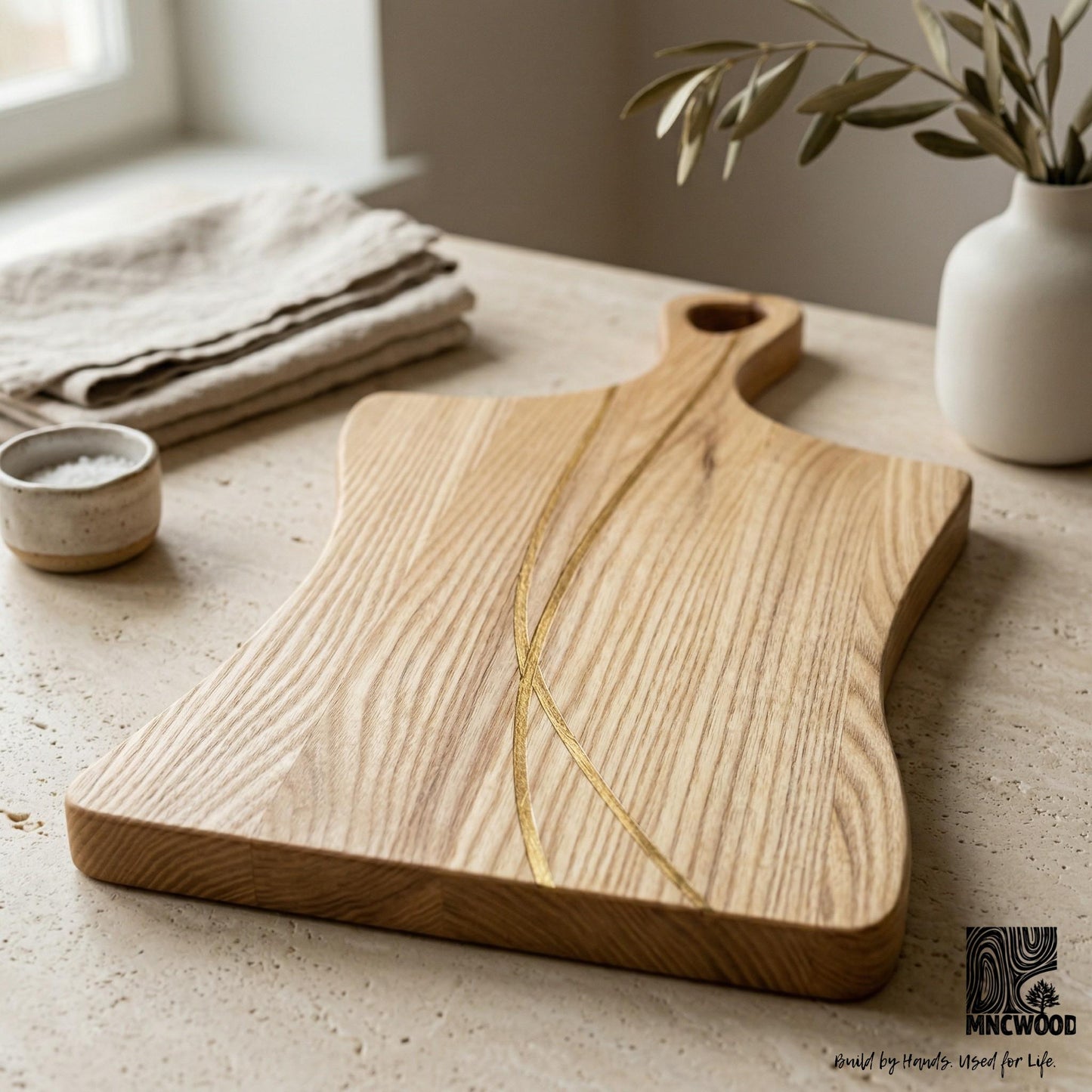Cutting Board with Handle — Ash & Sapele Inlay | Handmade