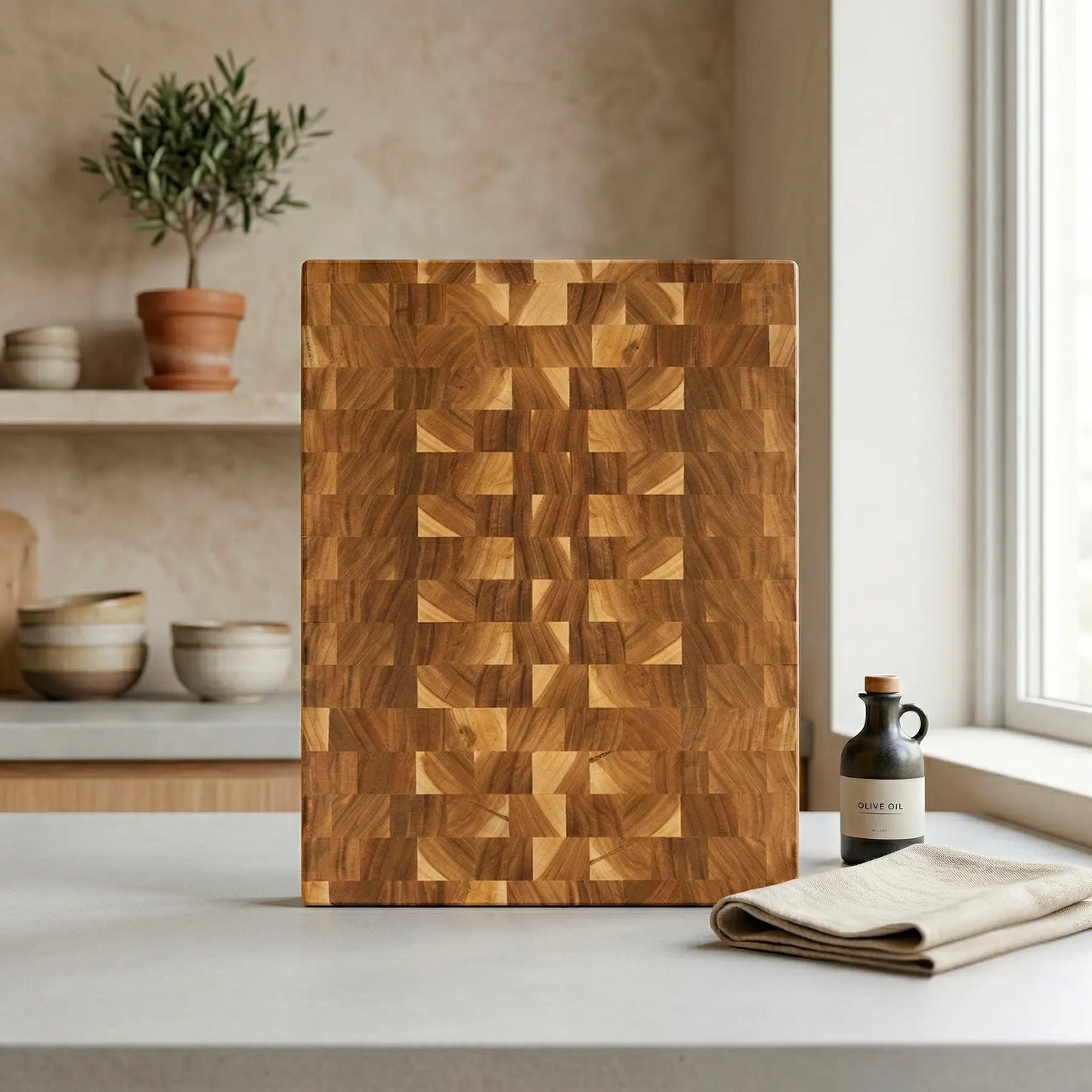 Wooden cutting board with geometric pattern on a kitchen counter
