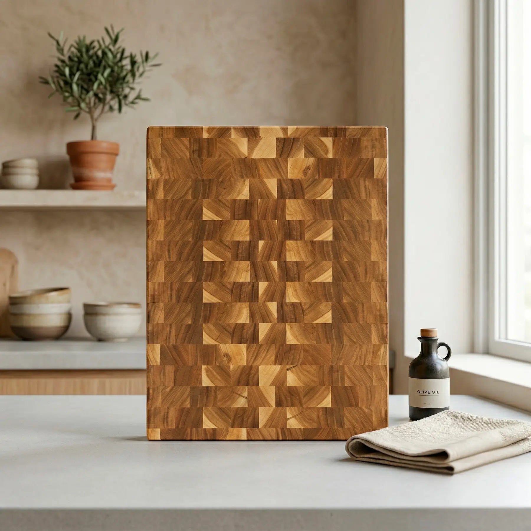 Wooden cutting board with geometric pattern on a kitchen counter