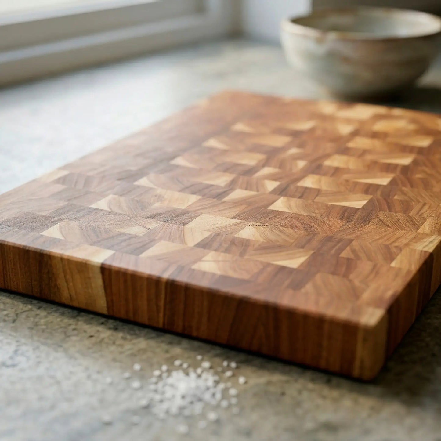 Rare apricot wood chopping block 15.4x11.4 inch close up view highlighting the warm amber end grain texture.