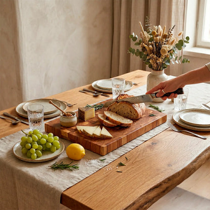 Premium apricot wood end grain cutting board 15.4x11.4 inch displayed on a bright kitchen counter by MNCWOOD.