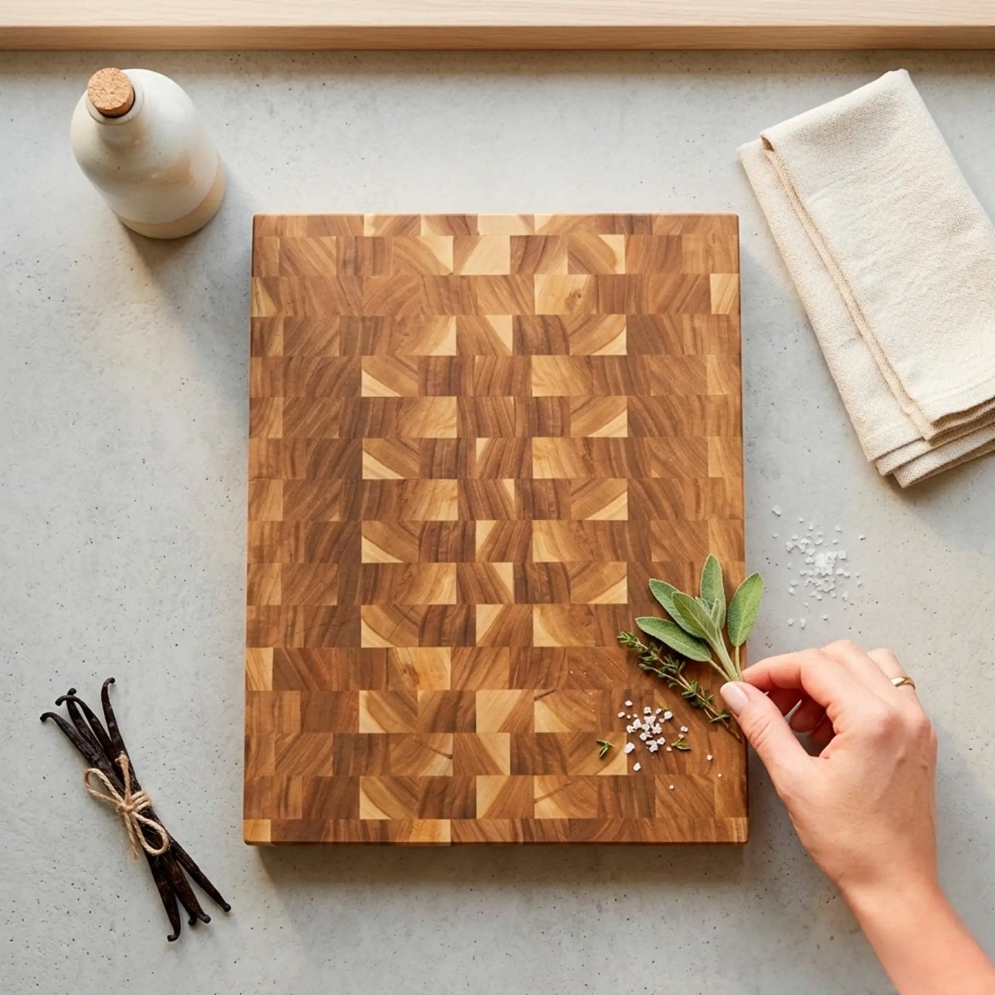 Handmade end grain cutting board 390x290 mm top down view showing the unique fruitwood pattern.