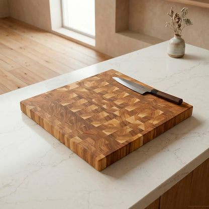 Heavy duty fruitwood charcuterie board 390x290x40 mm angled view emphasizing the 40mm thickness and rounded edges.