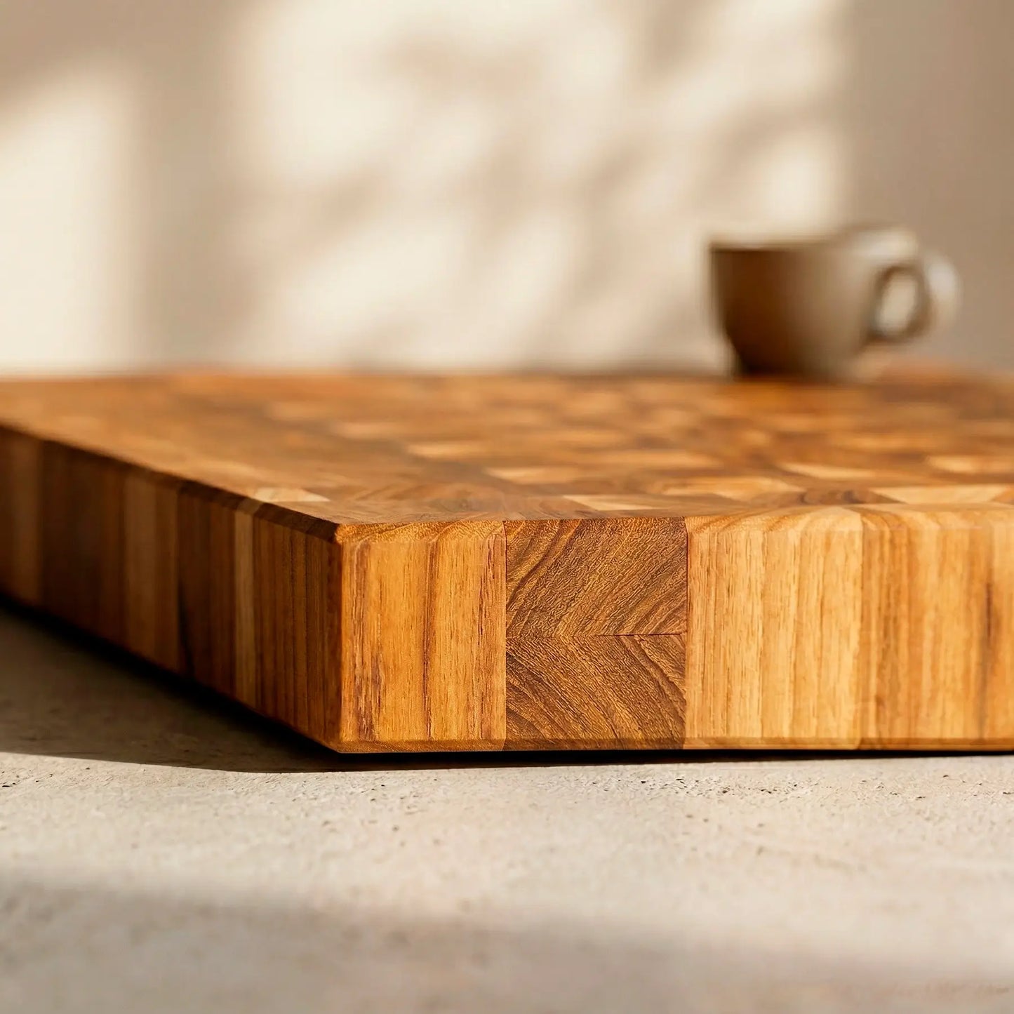 MNCWOOD premium apricot end grain cutting board 15.4x11.4 inch close up detailing the smooth oiled finish and wood grain.