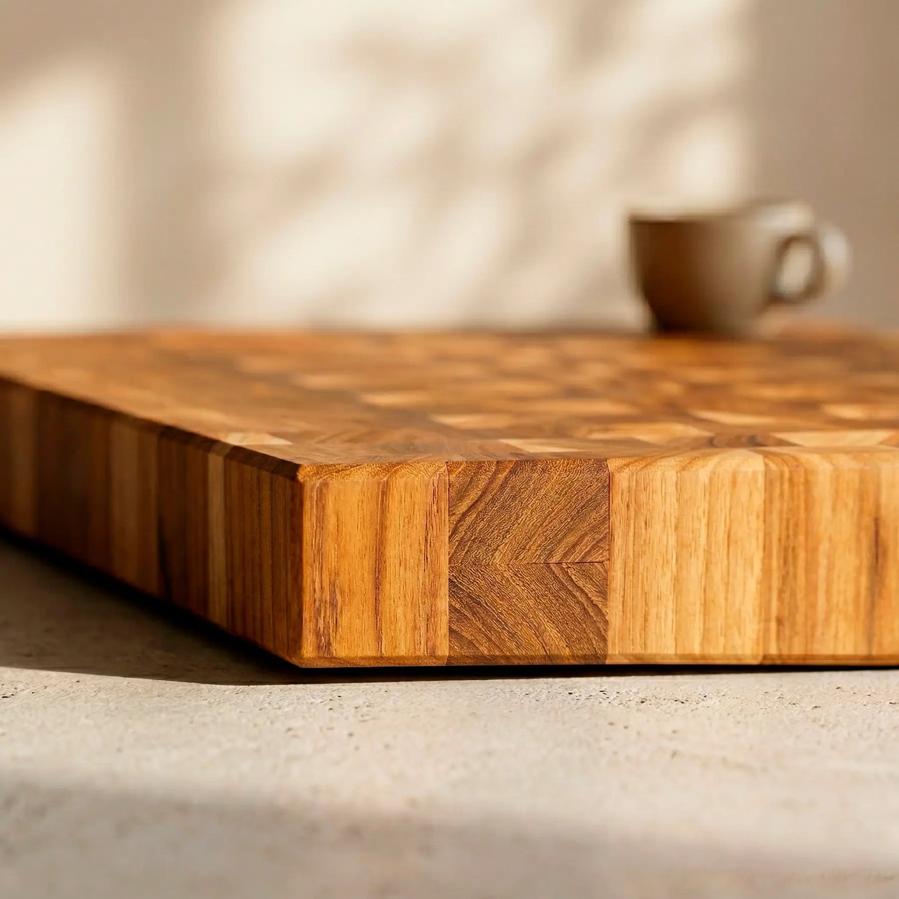 MNCWOOD premium apricot end grain cutting board 15.4x11.4 inch close up detailing the smooth oiled finish and wood grain.