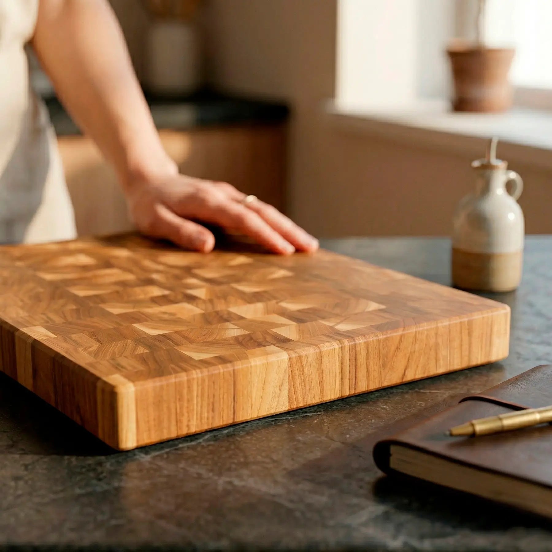 Wooden cutting board on a kitchen counter with a person's hand and a notebook in the background.