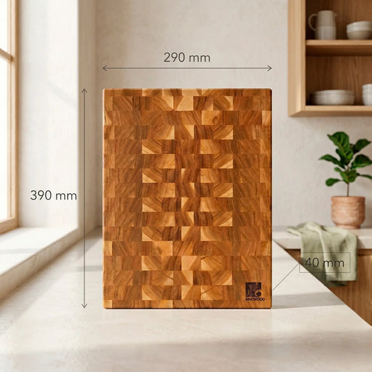 Solid fruitwood butcher block dimensions 390x290x40 mm graphic overlay showing exact measurements.
