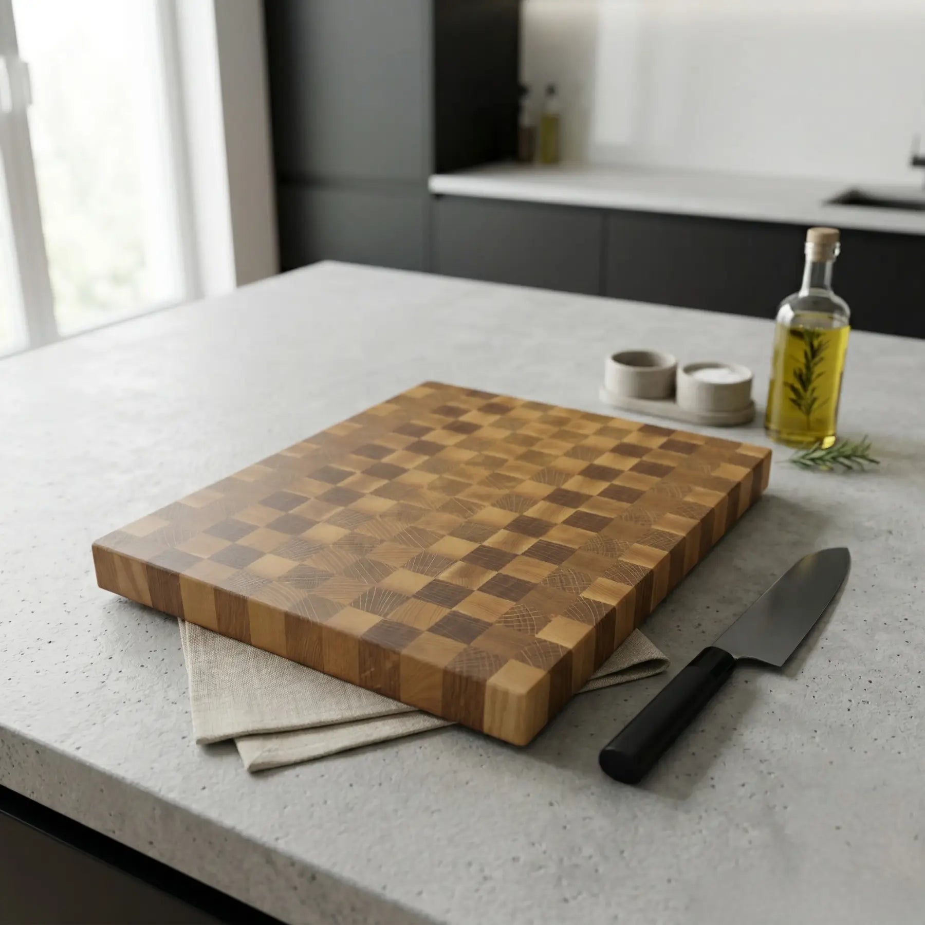 Heavy duty ash and sapele butcher block 11.4x9.8 inch styled with fresh ingredients and a chef knife.