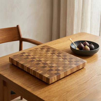 MNCWOOD handmade checkerboard cutting board 290x250 mm close up detailing the beautiful end grain wood texture.