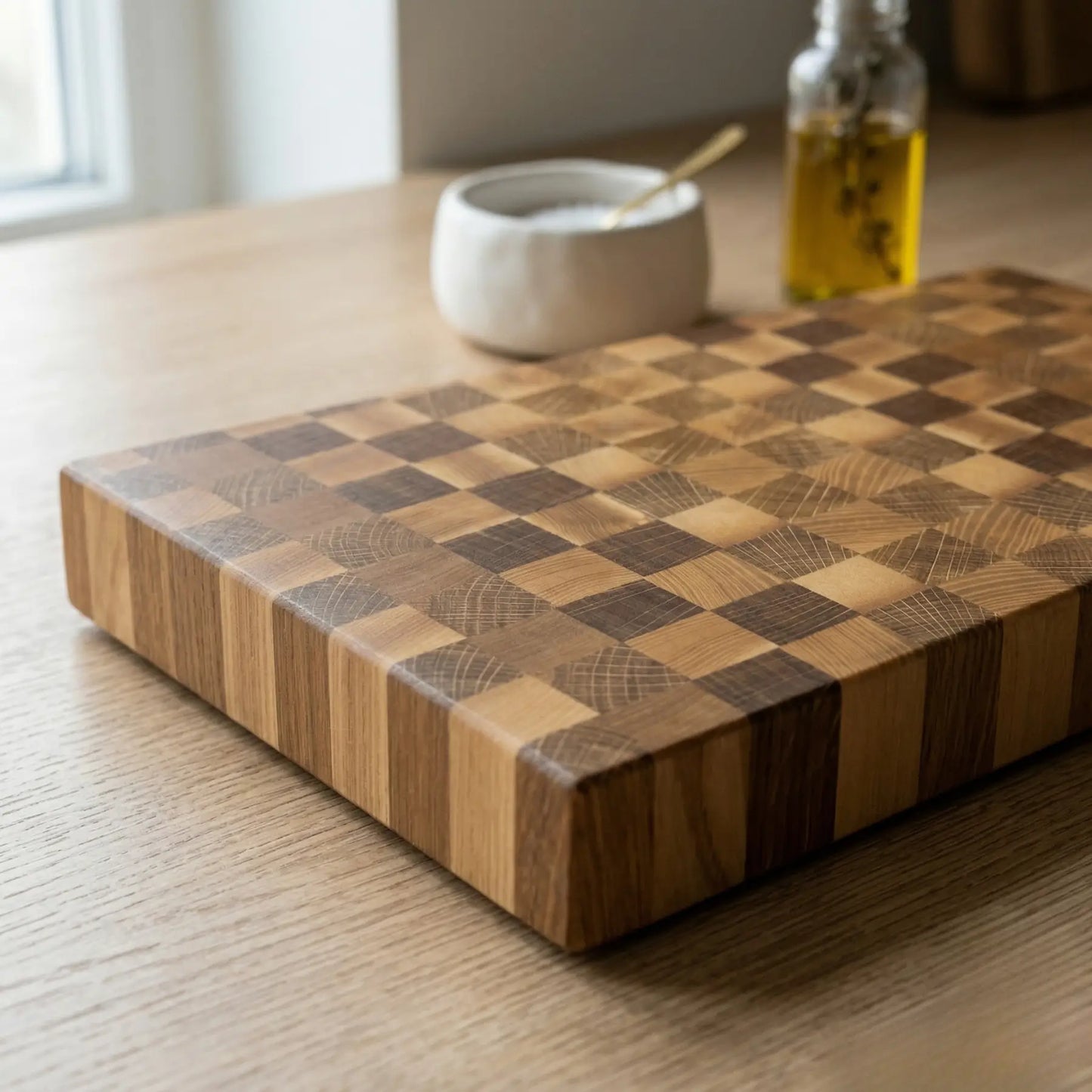 Thick handmade wooden chopping board 11.4x9.8 inch angled view highlighting the 35mm thickness and smooth edges.