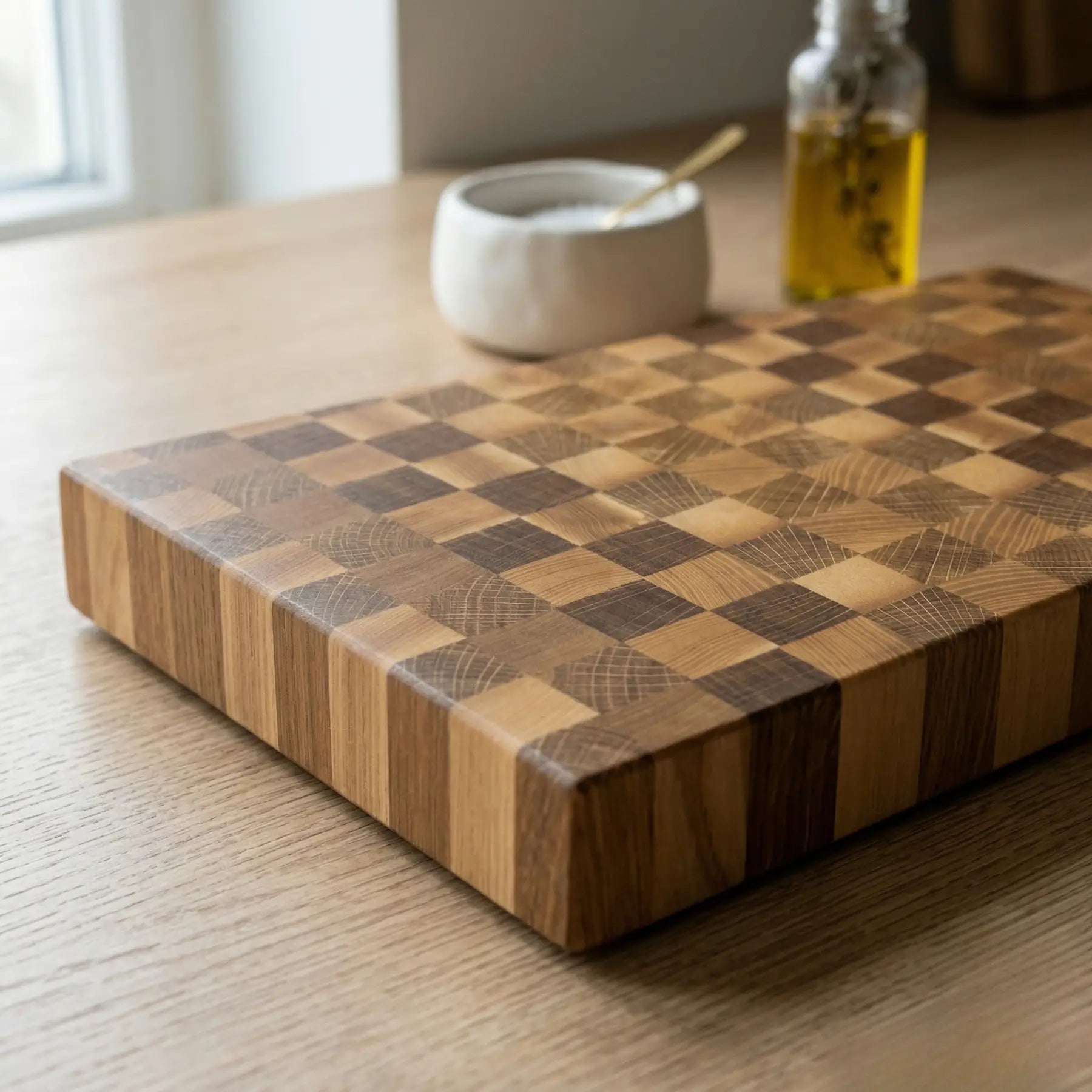 Thick handmade wooden chopping board 11.4x9.8 inch angled view highlighting the 35mm thickness and smooth edges.