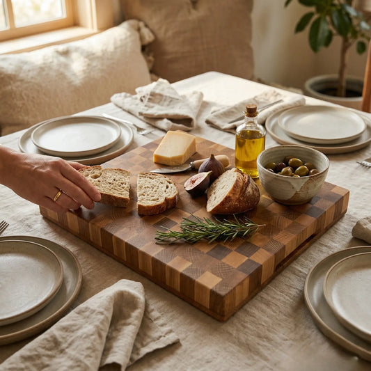 Premium ash and sapele end grain cutting board 11.4x9.8 inch displayed on a kitchen counter by MNCWOOD.