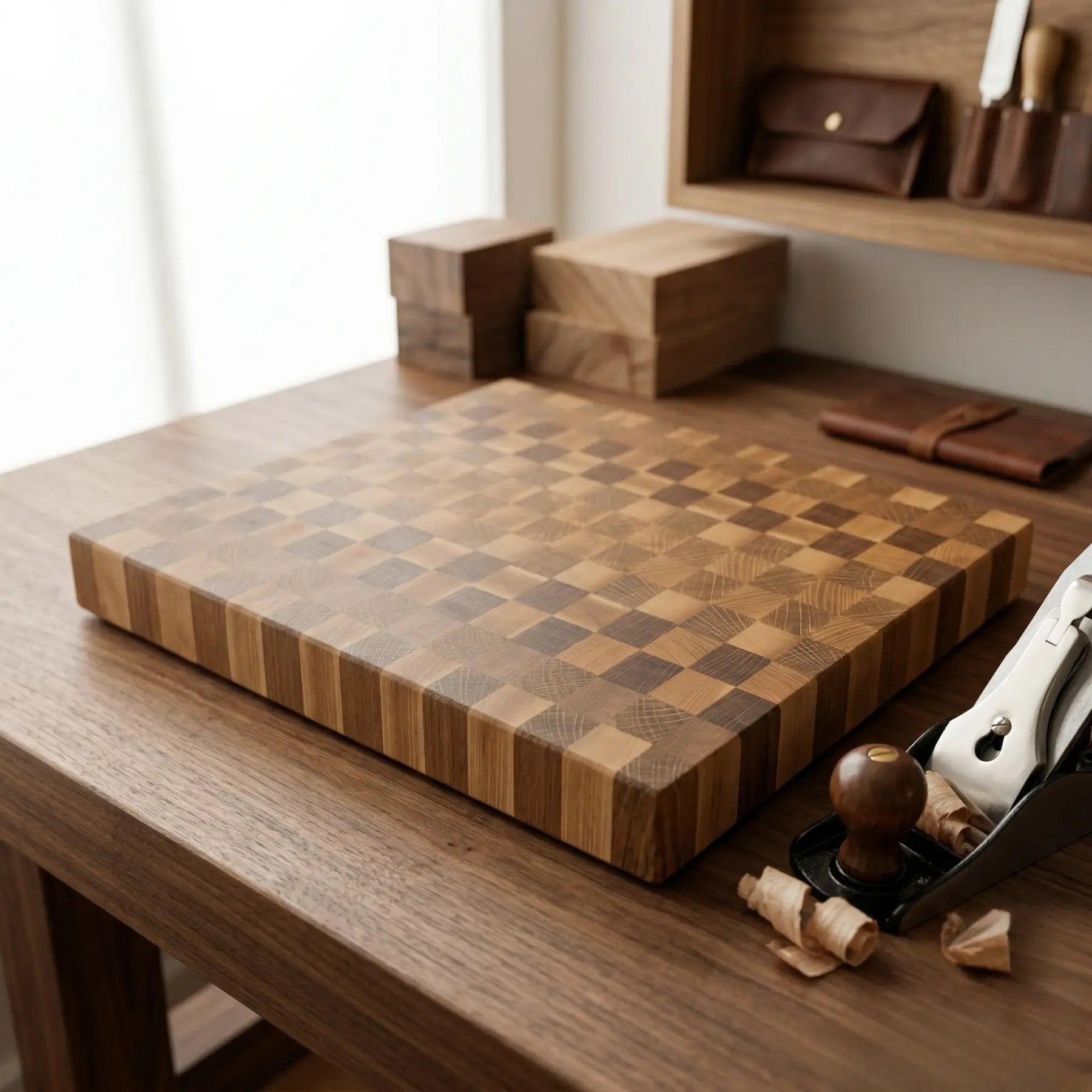 Solid sapele and ash chopping block 290x250 mm resting on a light countertop with culinary tools.