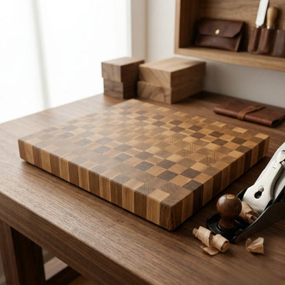 Solid sapele and ash chopping block 290x250 mm resting on a light countertop with culinary tools.