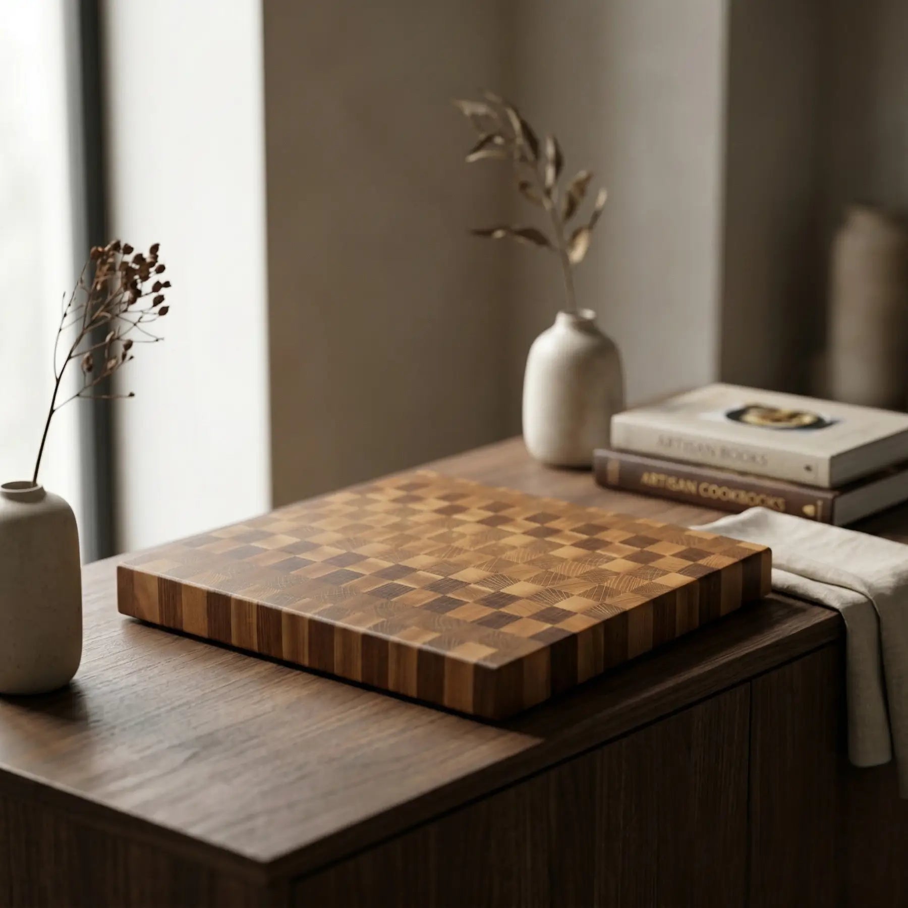 End grain wood butcher block 11.4x9.8 inch close up showing the rich contrasting colors and smooth oiled finish.