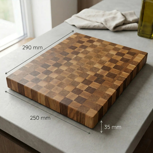 Solid wood butcher block dimensions 290x250x35 mm graphic overlay showing exact measurements and checkerboard pattern.
