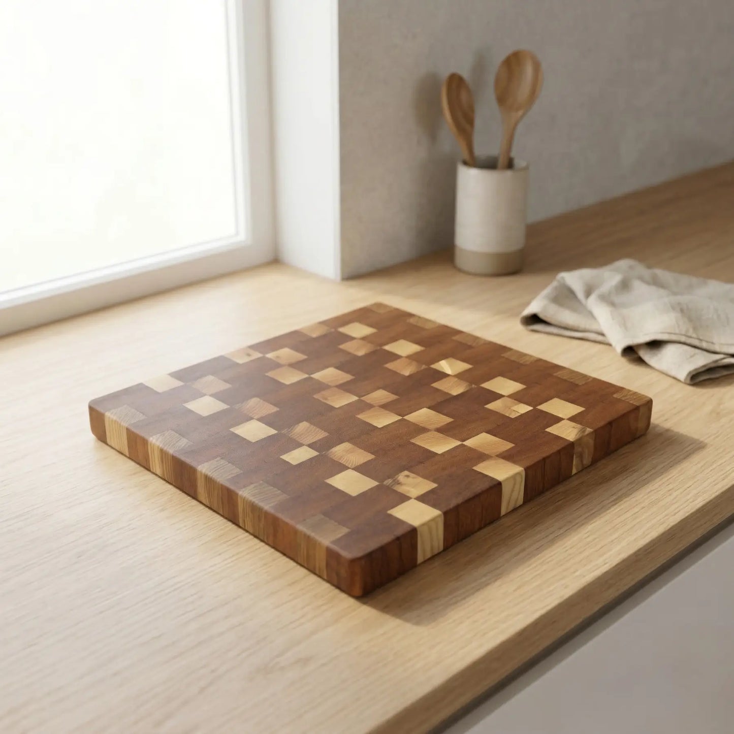 Heavy duty ash and sapele butcher block 13.2x12.2 inch styled with fresh ingredients and a chef knife.