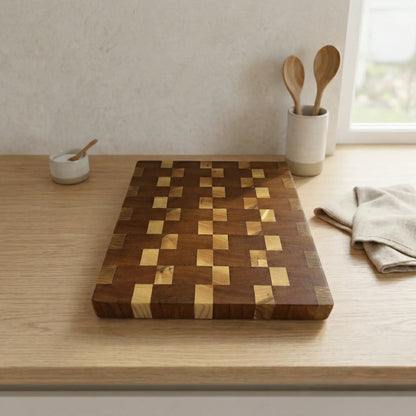 MNCWOOD handmade scattered chess cutting board 335x310 mm close up detailing the beautiful end grain wood texture.