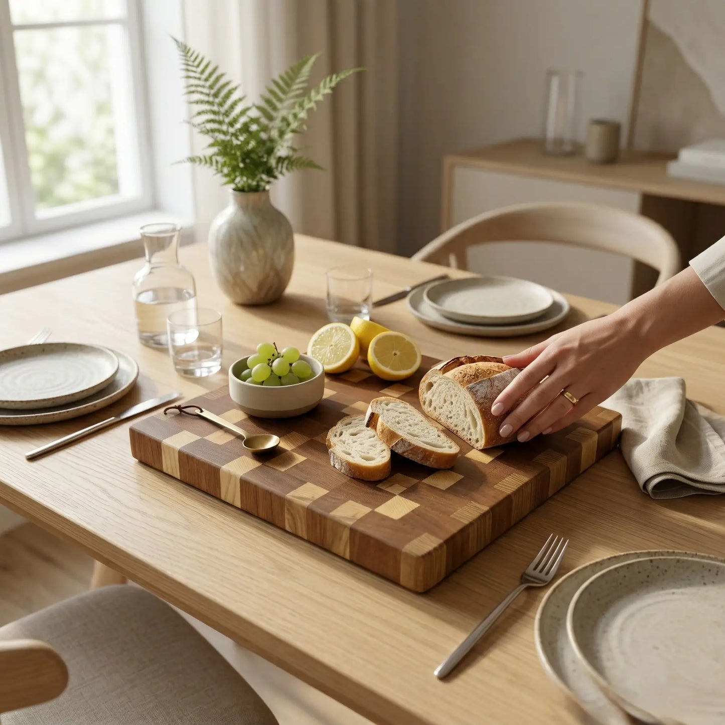 Premium ash and sapele end grain cutting board 13.2x12.2 inch displayed on a kitchen counter by MNCWOOD.