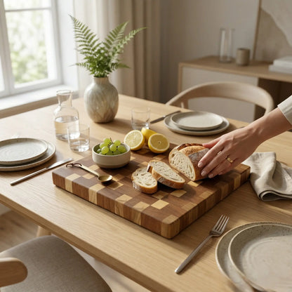 Premium ash and sapele end grain cutting board 13.2x12.2 inch displayed on a kitchen counter by MNCWOOD.