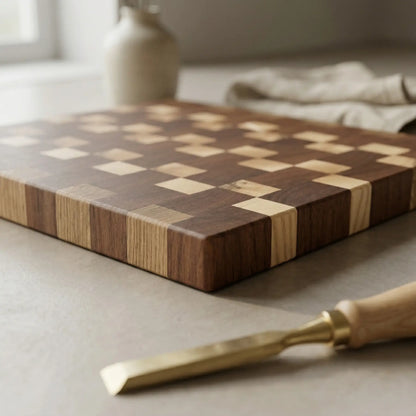 Solid sapele and ash chopping block 335x310 mm resting on a light countertop with culinary tools.