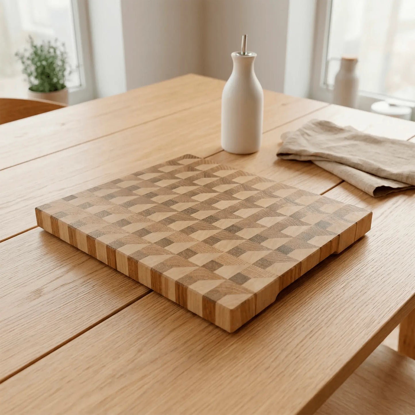 Woven pattern cutting board held in hand, elongated 410mm format
