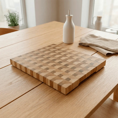 Woven pattern cutting board held in hand, elongated 410mm format