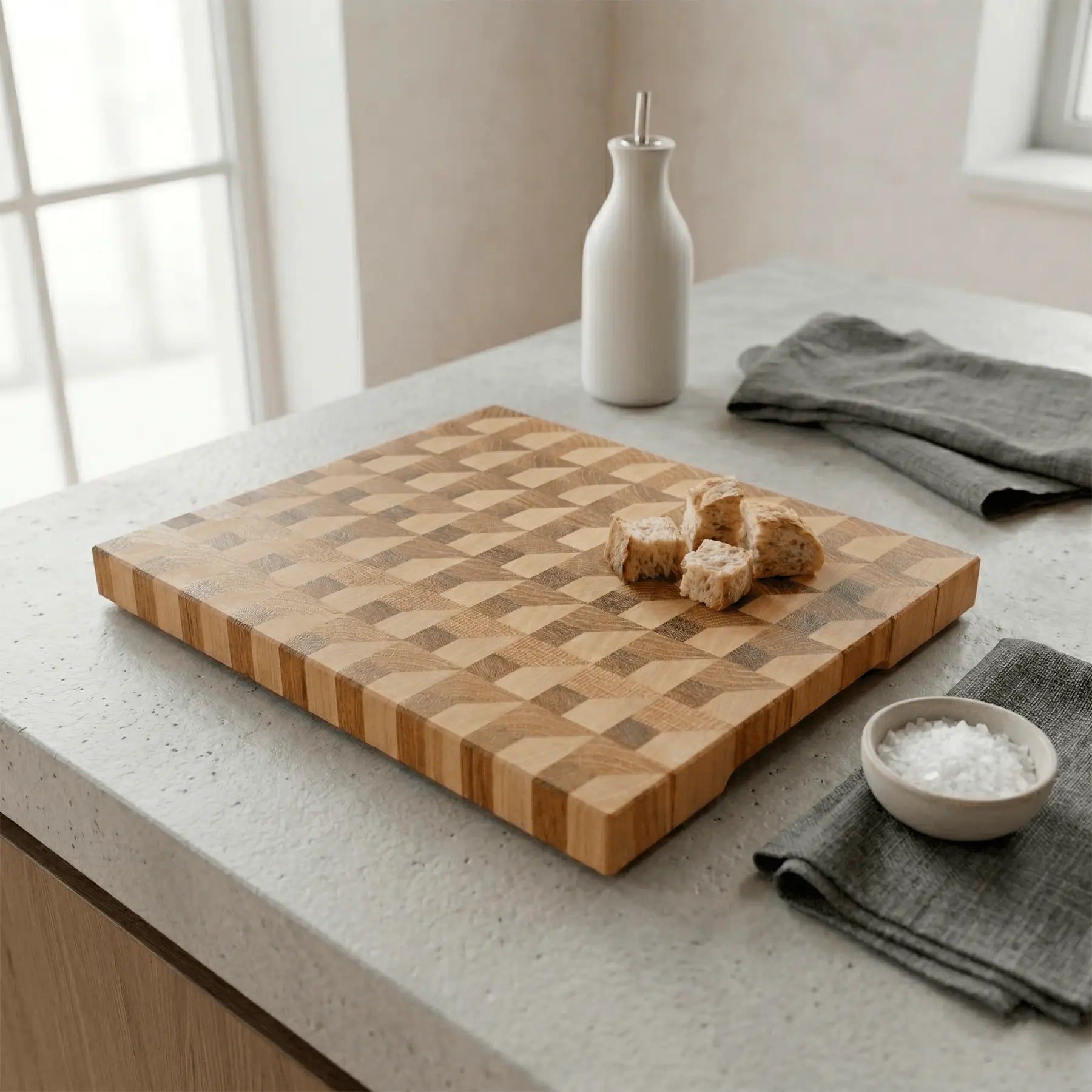Three-wood handmade butcher block at angle, weave construction visible