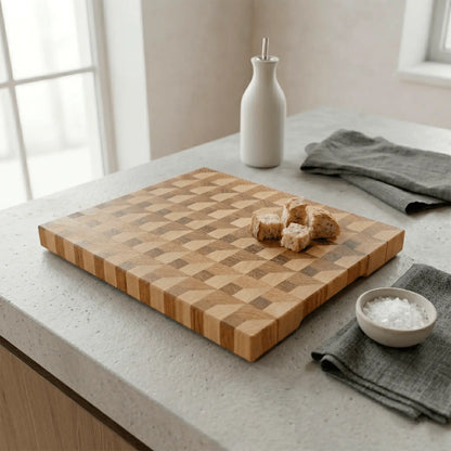 Three-wood handmade butcher block at angle, weave construction visible