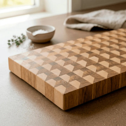 Rich sapele mahogany tones beside pale ash on handmade end-grain board