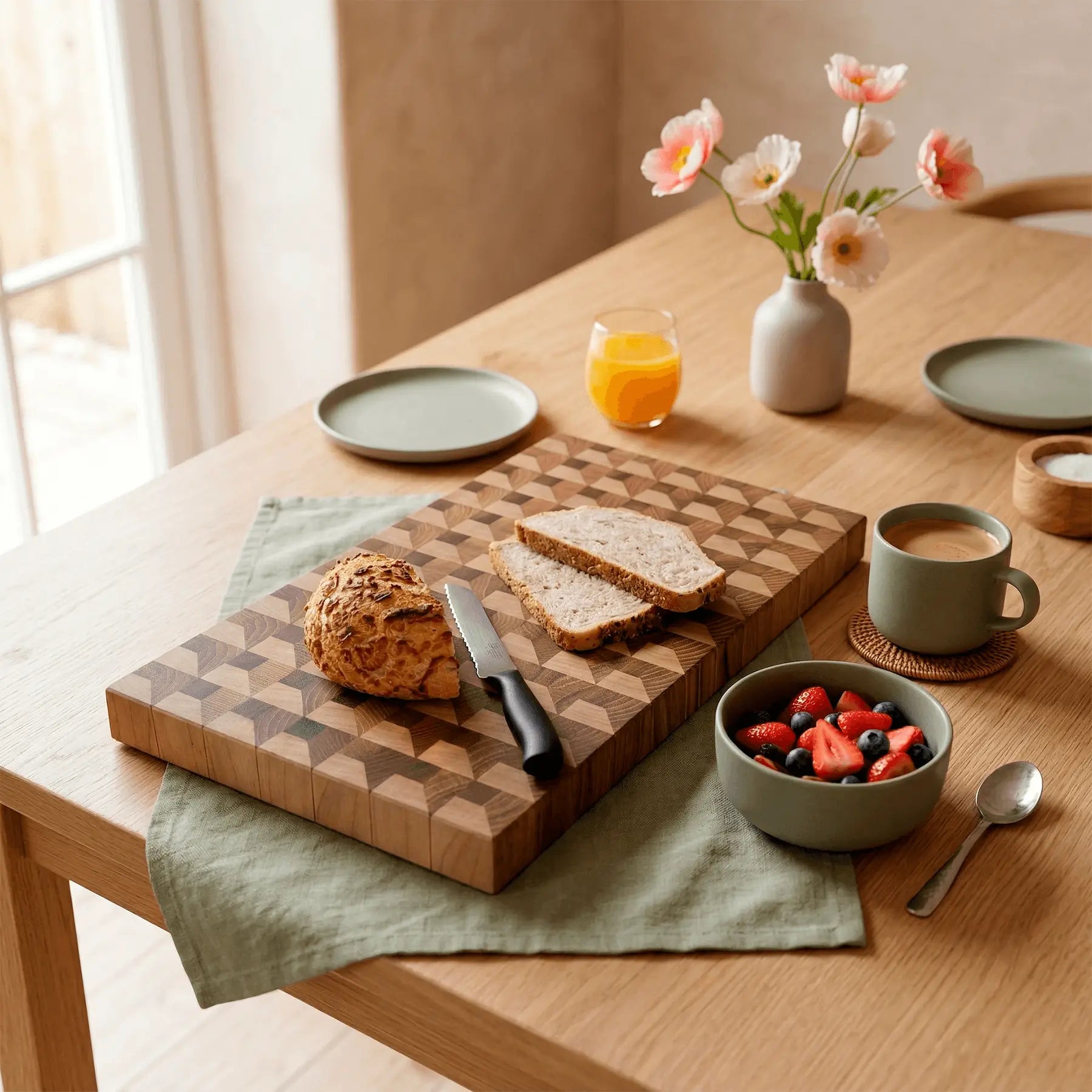 Sapele butcher block with sliced bread lifestyle, MNCWOOD cutting board