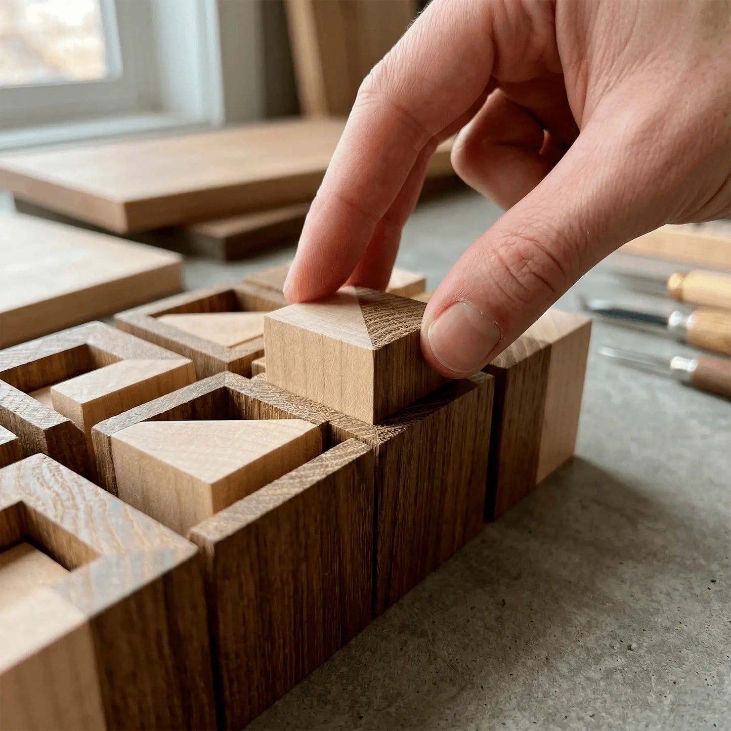 Rich sapele mahogany tones beside pale ash on handmade end-grain board