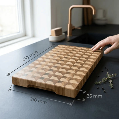 Ash sapele maple end-grain cutting board side profile showing 35mm thickness
