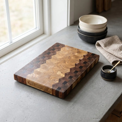 Sucupira cutting board held in hand showing rich chocolate-brown wood tones